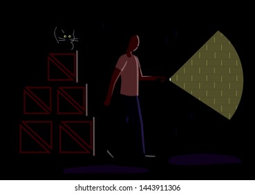 a man in the dark shines a flashlight in a warehouse