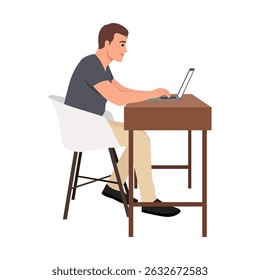 Man in a dark shirt and beige pants sits at a desk, concentrating on his laptop as he types. Flat vector illustration isolated on white background