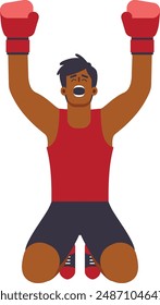 Man with dark skin in boxing gloves sitting on the ground with arms raised, flat vector art, wearing red tank top. Athlete in the moment of victory.