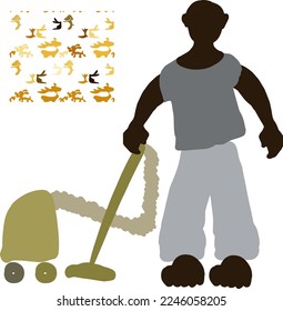 A man with dark skin, muscular, brutal. In a gray T-shirt and loose trousers. Stands next to the vacuum cleaner. Help with house cleaning. On the wall is a collage of animal silhouettes, yellow.