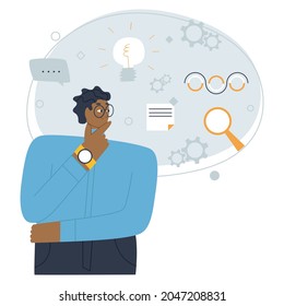 A man with dark skin stands and thinks. A cloud of thoughts in search of ideas. Flat vector illustration.