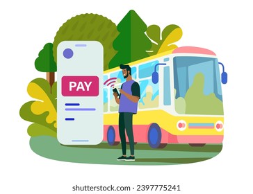 Hombre de piel oscura, comprando boleto de bus en línea en un telón de fondo de teléfono inteligente de la naturaleza. Reserve y compre un billete de autobús. Viajes, concepto de turismo. Viaje, compra de boletos para el bus en la aplicación móvil online .Pago sin contacto .