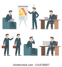 A man in a dark suit, in different poses. He sits on the table on couch and is worth. Businessman, employee, business and solid.