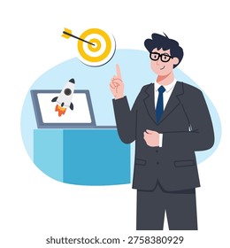 Man in dark suit and glasses points upward beside a laptop displaying a rocket launch, with a yellow target and arrow above a blue podium in a light blue abstract background.
