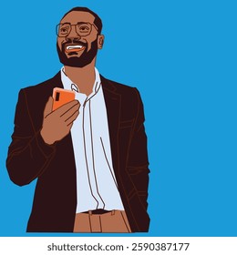 A man in dark suit holding a cell phone looking up smiling