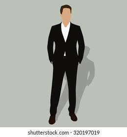 Man in dark suit standing and hands in pockets  Vector drawing  Self  confident