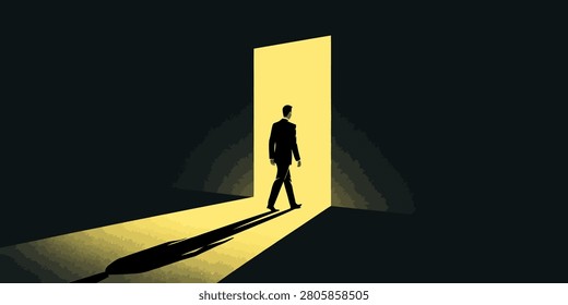 Man in dark suit walking towards bright yellow open doorway casting long shadow on floor