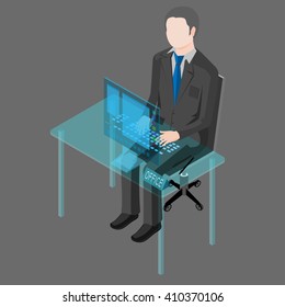 A man in a dark suit working at a desk. is transparent monitor on the table. Close to monitor a sign saying - office.