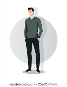 Man in dark sweater and black pants, pose with hands in pockets, neutral background.