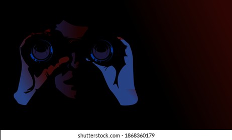 man in the dark use binocular to spy or monitor object. business metaphor scouting. with blank space for copy space vector illustration