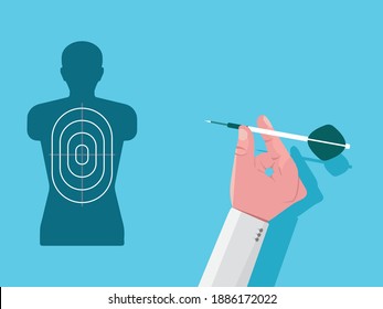 Man dart board. Arrow hit the target. Setting goals. The smart goal. Target board made of modern people on blue background.