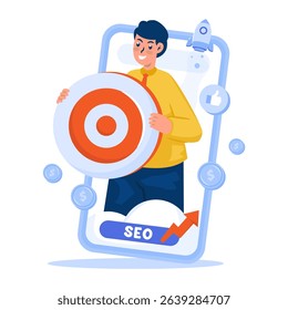 A man with dart board, Digital marketing SEO target, Vector illustration
