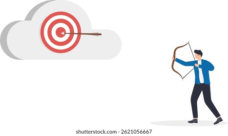 a man with a dart is going to make a sighting throw on the target hanging on the cloud,