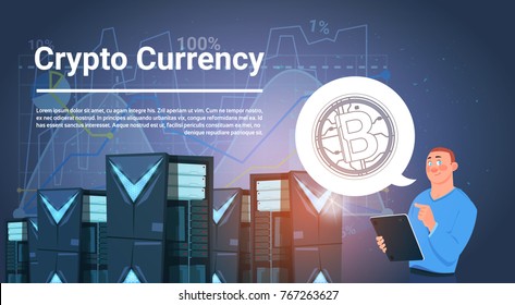 Man In Data Center Bitcoin Mining Farm Digital Crypto Currency Modern Web Money Concept Vector Illustration