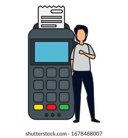 hombre con dispositivo de dataphone aislado icono ilustración vectorial diseño