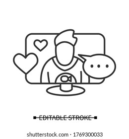 Man dating online icon. Man in romantic video call, talking. Line concept pictoram for love relationships and internet romance during service during covid lockdown. Editable stroke vector illustration