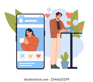 Man with dating site. Young guy with mobile phone in cafe or restaurant. Romantic meeting on internet. Social networks and messengers. Flat vector illustration isolated on white background