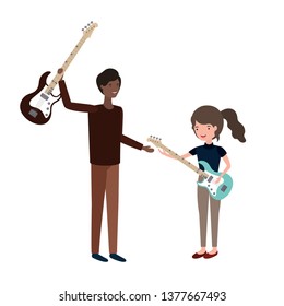 man with daughter and electric guitar character