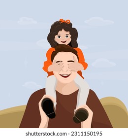 A man with daughter in his shoulders. Happy Father's Day concept. Template greeting card, banner. Flat vector illustration.