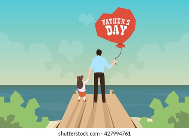 Man And Daughter Hold Balloon Father Day Holiday Standing on Wooden Dock Looking Ocean Horizon Rear View Vector Illustration