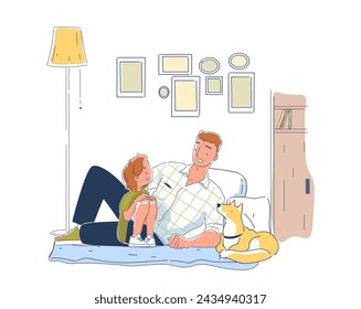 Man with daughter at home simple. Father with girl and dog lying at sofa at floor. Good relations in family. Love and care. Doodle flat vector illustraton isolated on white background