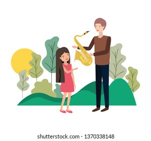 man with daughter and saxophone character