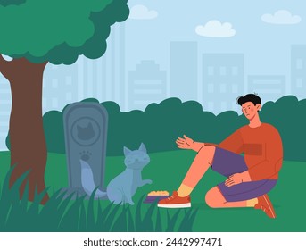 Hombre con gato muerto. Triste joven sentado en el cementerio cerca de la lápida de su mascota. Tristeza y frustración, soledad. Personaje cerca del cementerio. Ilustración de vector plano de dibujos animados