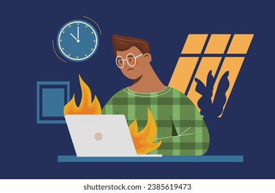 Man with deadline concept. Young guy sitting at burning laptop. rogrammer or IT specialist late with project. Goal, task setting and time management. Cartoon flat vector illustration