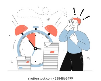 Man with deadline line concept. Young guy near clock with documents. Time management and efficient workflow. Planning and scheduling. Overworked employee at workplace. Linear flat vector illustration