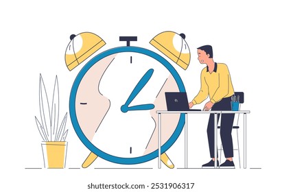 Man with deadline. Young guy with laptop near huge clock. Time management and organization of efficient work process in office. Linear vector illustration isolated on white background