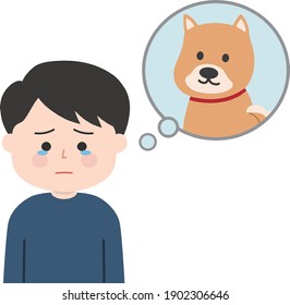 Man dealing with the death of his pet dog. Vector illustration isolated on white background.