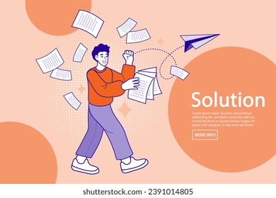 man dealing with a lot of documents and information. Several sheets of paper floated around the boy. Data analysis and business information research solution concept. Financial Vector illustration.