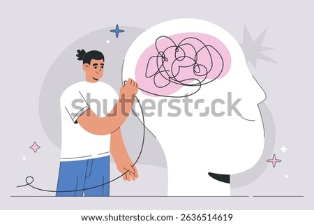 Man Dealing with Mental Health Issues, Unraveling a Tangle of Problems. Emotional Healing, Inner Clarity, Psychological Therapy, Depression Recovery and Personal Growth Flat Illustrated Vector Concept