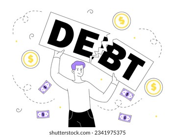Man with debt forgiveness line. Young guy tear apart piece of paper with debr inscription. Free character from financial obligations. Creditor relief. Linear flat vector illustration