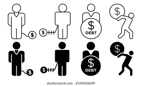 Man with debt icon collection on white background