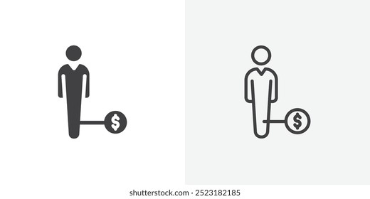 Homem com ícone de dívida. sólido preenchido e traçado fino estilo eps 10