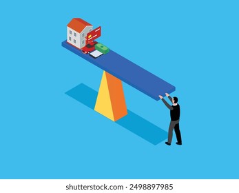 Hombre con problemas de deuda en el balancín 3d Ilustración vectorial isométrica