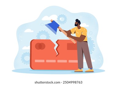 Man with debt. Young guy cuts large red bank card with ax. Businessman with financial problems and difficulties. Unhappy entrepreneur. Flat vector illustration isolated on white background