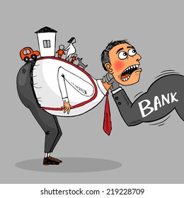 Man is the debtor to pay the loan. Hand-drawn illustration.