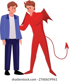 Man decide or think with harmful devil. Wrong ethical decision. Vector flat illustration isolated on white background. The temptation scene. Evil human gossip and incitement