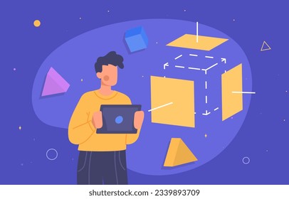 Man with deconstructed cube concept. Modern technologies and innovations. Metaverse and cyberspace, virtual reality. Young guy with model of geometric figures. Cartoon flat vector illustration