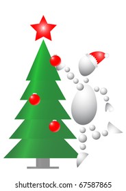 Man decorate christmas fur-tree. Abstract 3d-human series from balls. Variant of white isolated on white background. A fully editable vector illustration for your design.