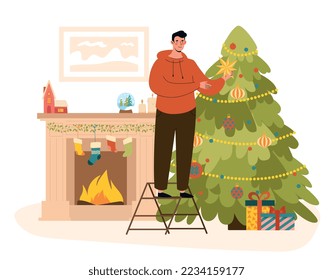 Man decorate Christmas tree. Guy with star in hand, toys on pendant. Symbol of winter holidays and New Year. Comfort and coziness in apartment. Poster or banner. Cartoon flat vector illustration