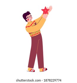 El hombre decora el árbol de Navidad, ilustración vectorial plana. Feliz año nuevo.