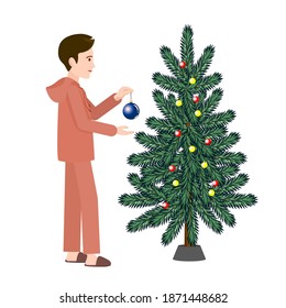 Man decorates the Christmas tree.Vector image of a person who decorates a Christmas tree with Christmas toys. Image of a person for animation. Editable strokes. A man holds a glass ball. Holiday prep