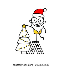 Man decorating a Christmas tree in Santa hat and white beard. Cartoon Christmas character concept. Isolated vector stock illustration.