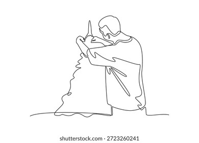 A man decorating a tree. Seasons Greetings concept. Single line draw design. Vector graphic illustration