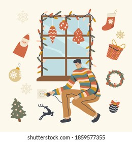 Man Dekorationsfenster mit weihnachtlichem Dekor-Schalter in Garland, Hängebälken, Socken und Furnieren für Bäume. Charaktere, die sich auf die Feier der Weihnachtsfeiertage vorbereiten. Lineare Vektorgrafik
