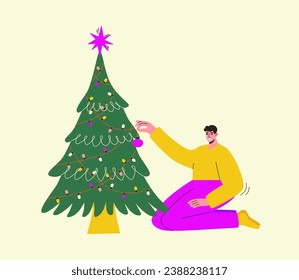 Hombre decorando el árbol de Navidad. Feliz tarjeta de felicitación de Navidad. Ilustración vectorial al estilo de las caricaturas. 
