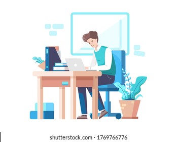 A man with lot of dedication work on his workspace with a macbook pro laptop. He's really serious person. Vector ilustration with minimalism style